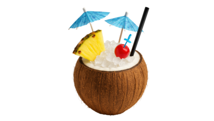 Tropical Paradise in a Coconut Shell: A refreshing and inviting tropical cocktail served in a coconut shell, adorned with delightful garnishes and a sense of relaxation and vacation.