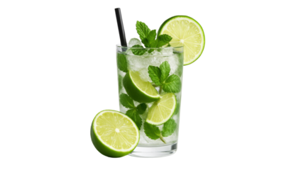 Refreshing Mojito: A tall glass filled with ice, fresh mint leaves, and lime wedges, garnished with a lime wheel and a black straw. The image evokes a feeling of coolness and refreshment.