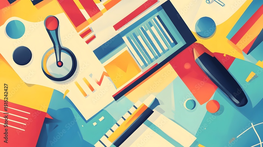 Poster colorful abstract design with various shapes and elements.