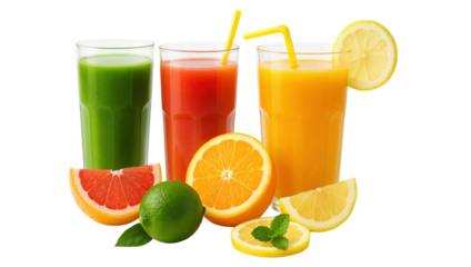 Refreshing Juice Trio: Three glasses of vibrant fruit juices – green, orange, and red – sit alongside slices of their respective fruits; orange, lemon, grapefruit, and lime.