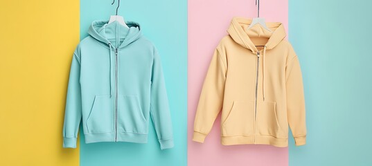 Casual Zip-Up Hoodie on Pastel Backdrop with Ample Space for Custom Branding