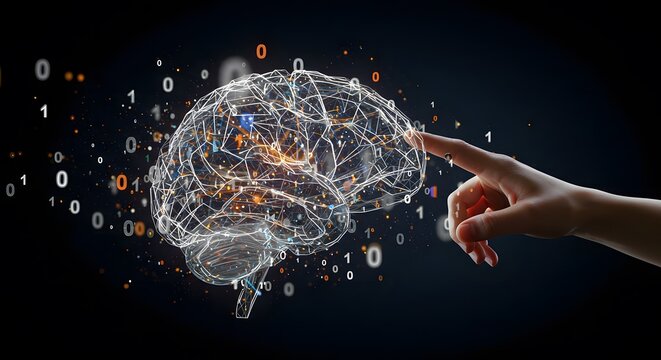 Touching Brain Wireframe with Binary Code Concept - Powered by Adobe