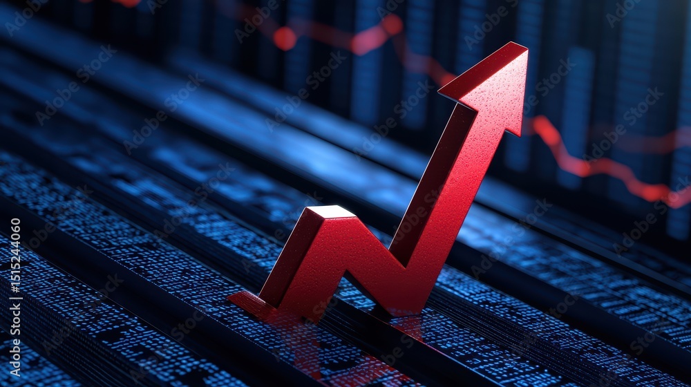 Aufkleber red arrow representing growth and success on digital stock market background with data visualization
