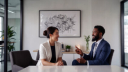 Obraz premium Blurred background of business people discussing documents and ideas at meeting. Blurred image of business people in modern office. Created using generative AI tools 