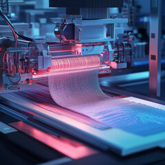 Depict a nanomanufacturing setup producing advanced textiles with embedded nanotechnology, focusing on fabric weaving at the microscopic level 