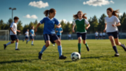 Obraz premium Blurred background of children playing soccer on the field. Focus on foreground. Created using generative AI tools