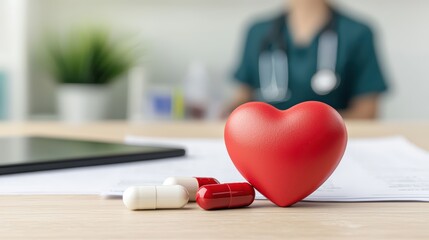 Heart health concept with red heart and capsules on medical desk in doctor's office setting