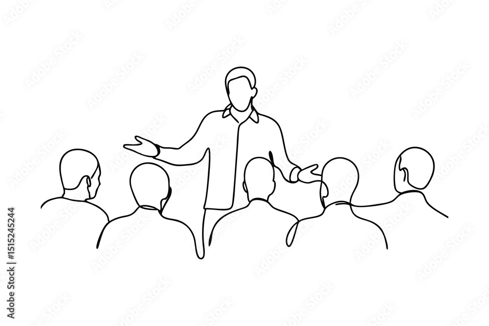 Poster man giving presentation to colleagues continuous line drawing