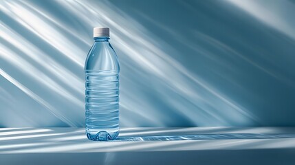 Light blue plastic water bottle on a light blue surface.