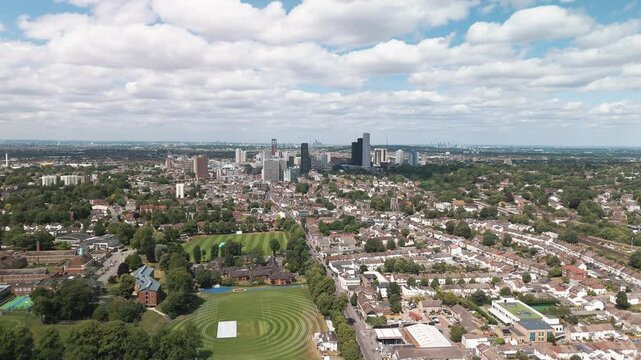 Aerial view of down town Croydon and its industrial estates, in south London. UK