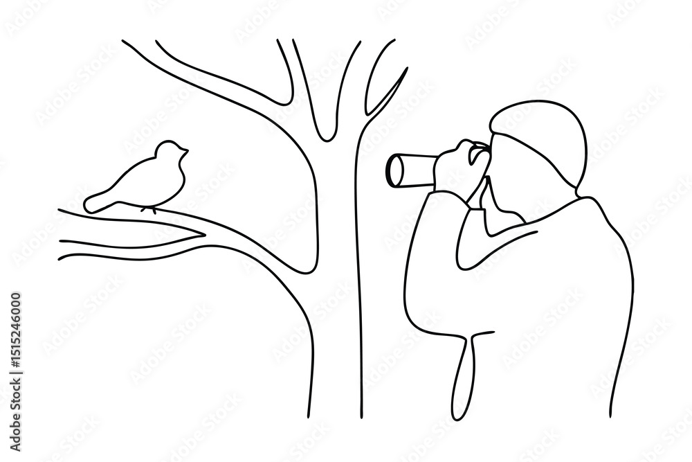 Poster person using binoculars observing a bird on a tree branch continuous line art