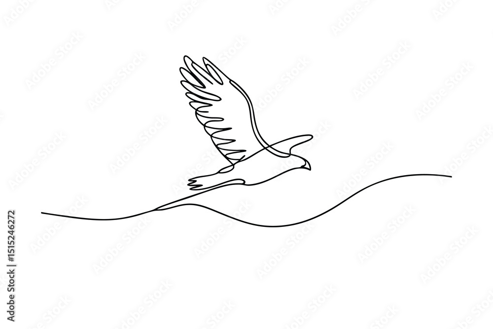 Poster continuous line drawing of a bird in flight soaring above a wave