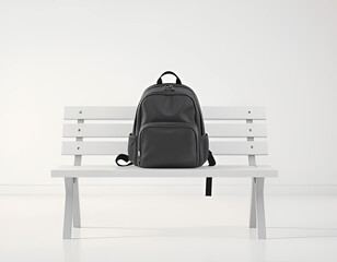 Minimalistic illustration of a black backpack placed neatly on a modern white bench. Set against a clean white background, this image evokes themes of travel, education, and simplicity