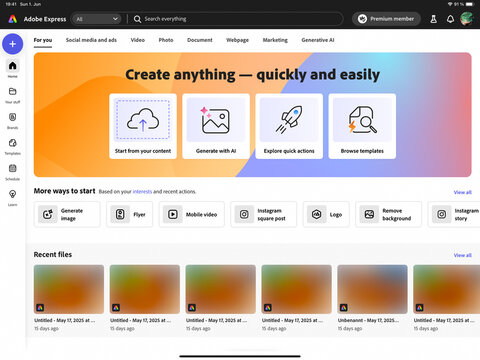 Heidelberg Germany - Juni 01 2025: Tablet screen with Adobe Express UI featuring creative tools, templates, and AI content generation options with Premium Member subscription 