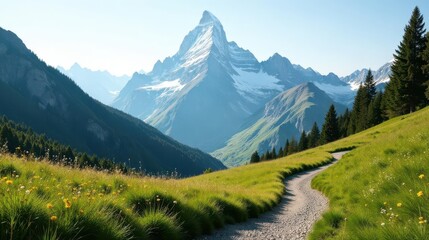 Fototapeta premium Serene Mountain Vista A Winding Path Through Verdant Meadows Leading to Majestic Peaks