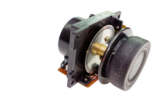 Rotary encoder with cable and circuit board on white background