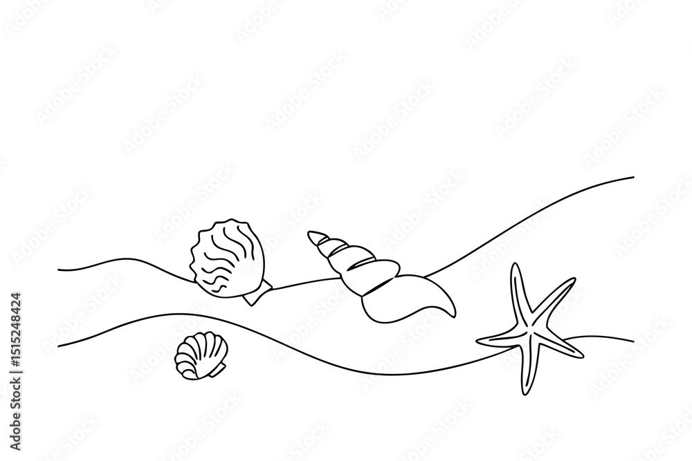 Poster seashells and starfish on a continuous line beach