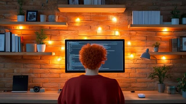 Night Coder, Brick Wall Background, Cozy Home Office