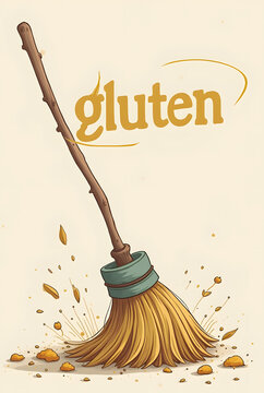 A charming cartoon broom sweeps away crumbs beneath the word "gluten," with "LOVEN" subtly below, suggesting a gluten-free or allergy-friendly theme