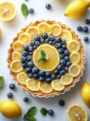 Fresh lemon blueberry tart with mint garnish on white surface surrounded by fruits
