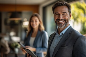 Confident business professionals collaborating in modern office setting