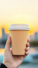 Sunset coffee: hand holding paper cup against urban skyline at dusk