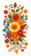 Vibrant floral arrangement with colorful blooms and leaves in symmetrical design