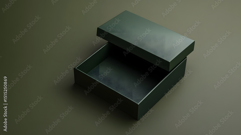 Poster empty dark-green box opened on a muted surface.