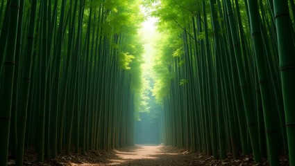 Golden sunlight rays pierce the misty forest, illuminating green foliage and trees in a magical nature landscape