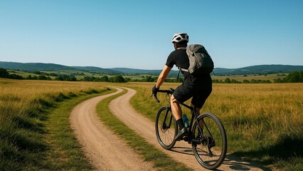Obraz premium Cyclist wearing a helmet and backpack is enjoying a leisurely ride on a gravel path through a picturesque countryside landscape, embracing the freedom and tranquility of nature