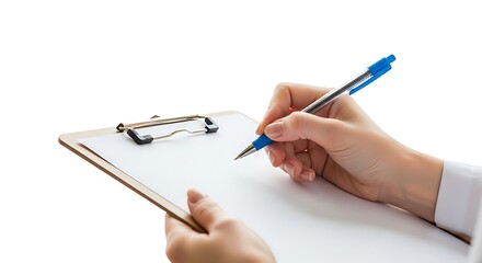 Writing on Clipboard: Hand Holding Pen Taking Notes on White Paper