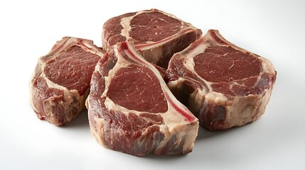 Fototapeta premium Four raw ribeye steaks stacked on a white surface in a view
