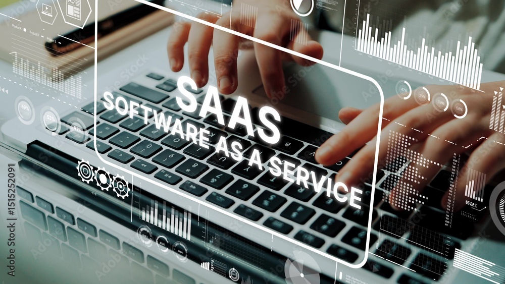 Poster hands typing on keyboard with graphic overlay representing saas software as a service concept in mod