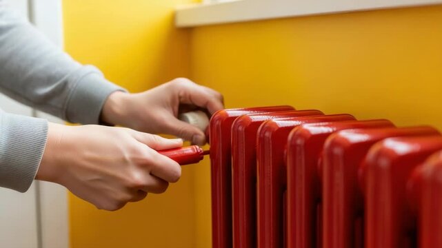 Red heating radiator in home interior Person adjusts temperature control valve on stylish red heating system Home comfort and warmth ensured by efficient heating system Perfect for home improvement