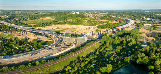 Krakow, Poland. Mistrzejowice highway interchange under construction. Temporary ramp joining S52 and S7 express road from Warszawa. Eastern part of beltway around Cracow just being build. May 25, 2025