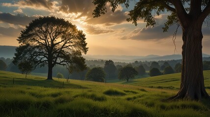 Lush field at sunset