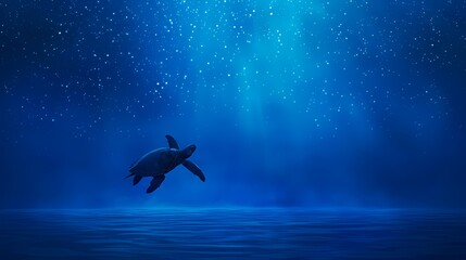 Fototapeta premium Solitary sea turtle gracefully swimming in a deep blue ocean, illuminated by a beam of light from above. Concept of marine life, ocean conservation, and underwater serenity.