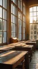 Sunlit Vintage Classroom with Wooden Desks