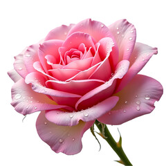 A close up shot of a pink rose with water droplets on its petals  space for text isolated on transparent background