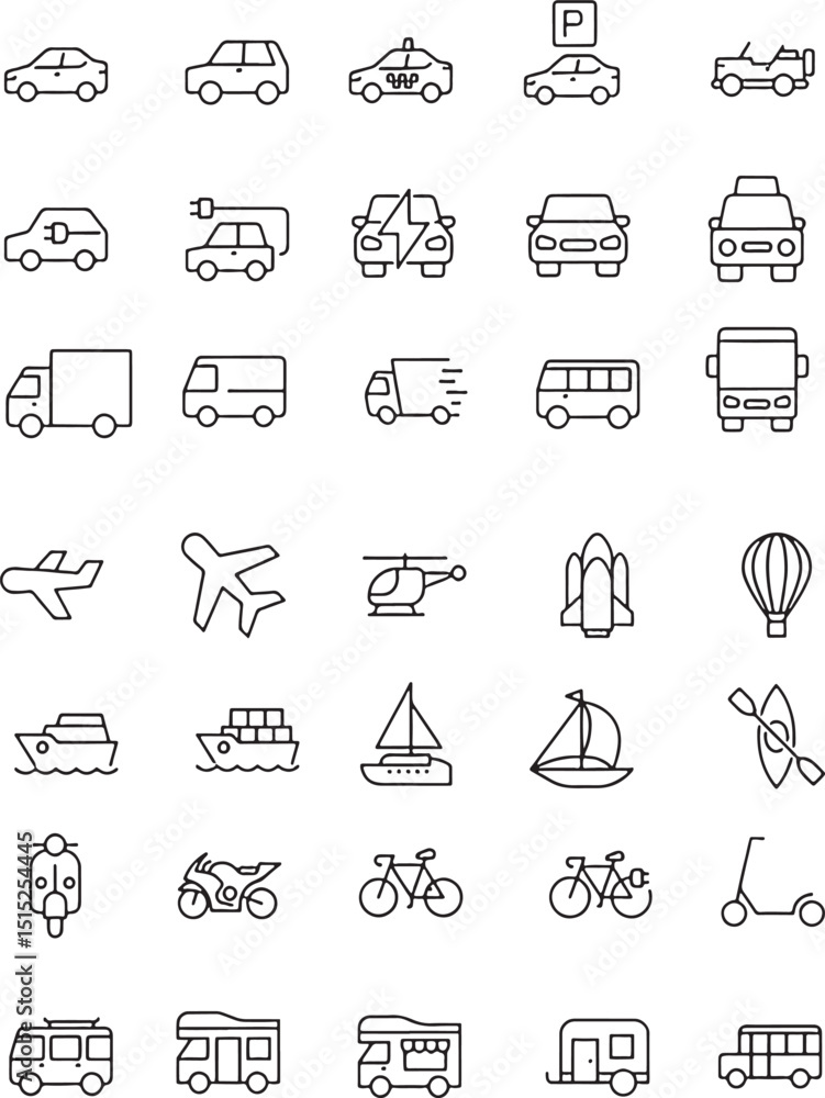 Poster pixel perfet icon set of various vehicle types. thin line vector illustrations. icons isolated on tr