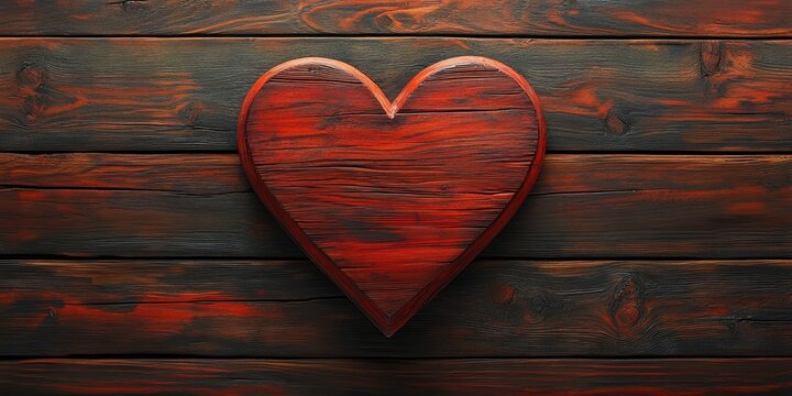 Heart-shaped wooden decoration on rustic dark wood background creates a warm and cozy atmosphere for any setting