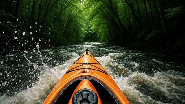 Orange kayak is paddling down a fast-flowing river surrounded by a dense, vibrant green forest, creating a thrilling and immersive kayaking experience