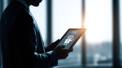 Business professional engages with digital device displaying chatbot interface during late afternoon in modern office setting