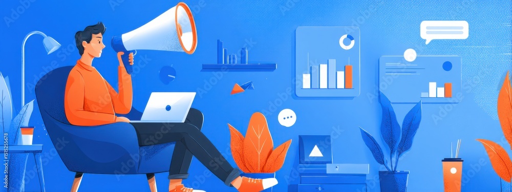Aufkleber professional person using megaphone while working on laptop in a modern office setting with plants a