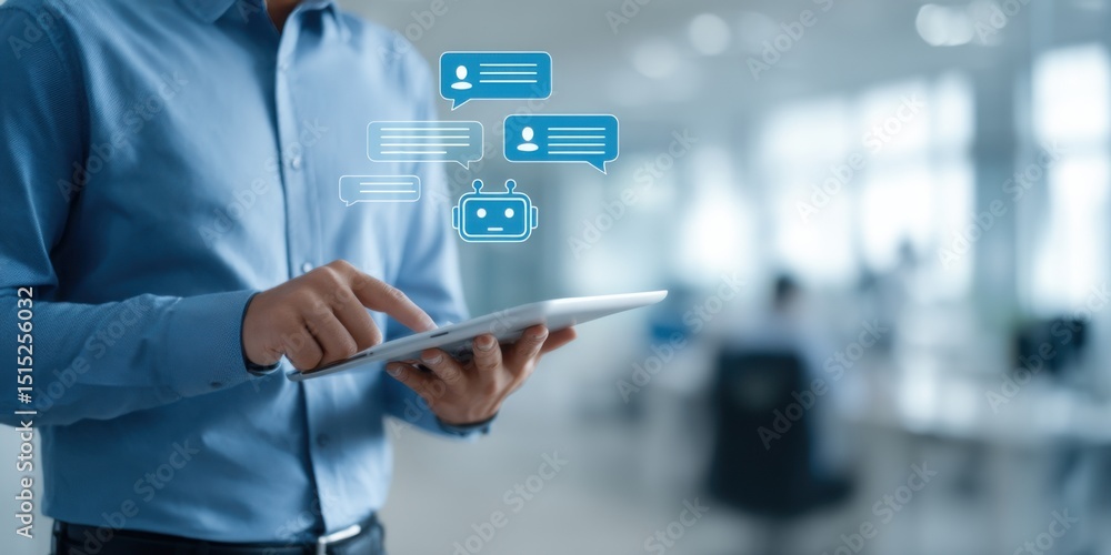 Poster professional interacts with digital interface in a modern workspace during daytime