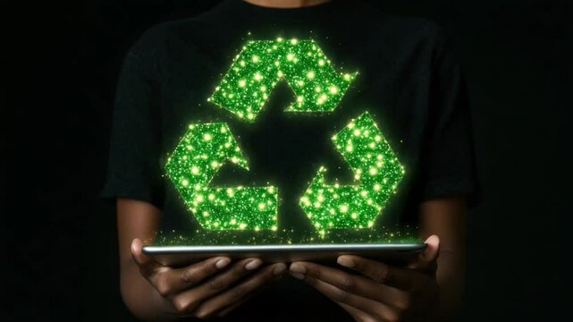 Digital Green Recycling Symbol on Tablet