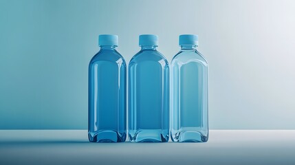 Three clear blue plastic water bottles stand side by side.