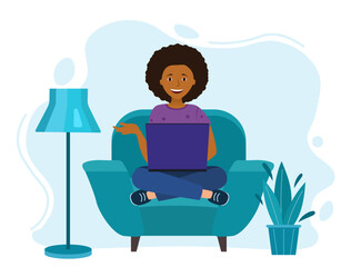 a girl is sitting at a laptop.  in the chair. The lamp is on the floor. African-American woman .  Vector illustration in flat style