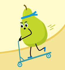 Cute pear. Rides an pear scooter.  The concept of health, fitness, cartoon. Vector illustration   in flat style.