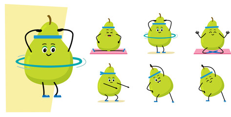  character meditate in yoga pose. Outdoor sports. Cartoon, Happy pear . vector illustration in a flat style.
